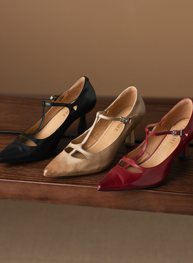 CX意大利重工水洗头层牛皮！2026新款尖头高跟玛丽珍全皮浅口单鞋