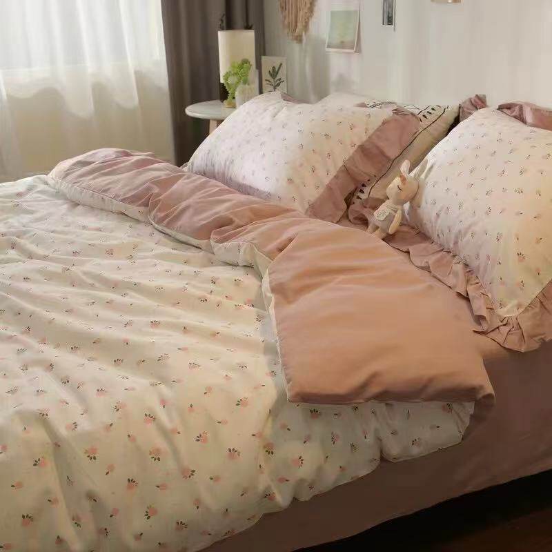 ins荷叶边 少女心粉色纯棉四件套 全棉被套床单双人1.5m1.8m 女生