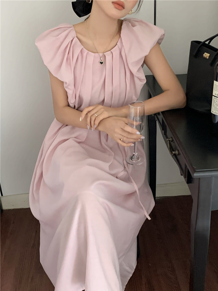 超好看连衣裙女chic法式小众褶皱泡泡袖A字裙宽松收腰系带长裙子