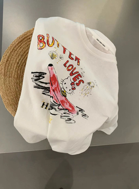 seeu seeu seeu 麻料可爱香蕉船kt卡通印花圆领T恤