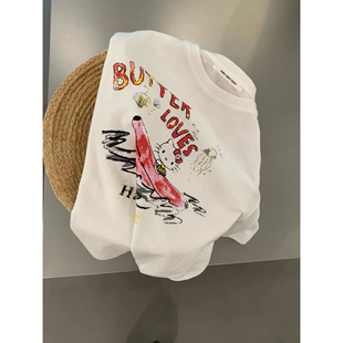 麻料可爱香蕉船kt卡通印花圆领T恤 seeu