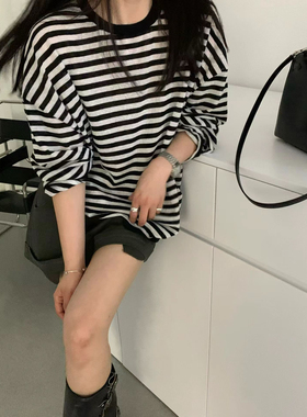 seeu seeu seeu 简约亚麻经典黑白条纹圆领撞色宽松防晒长袖T恤
