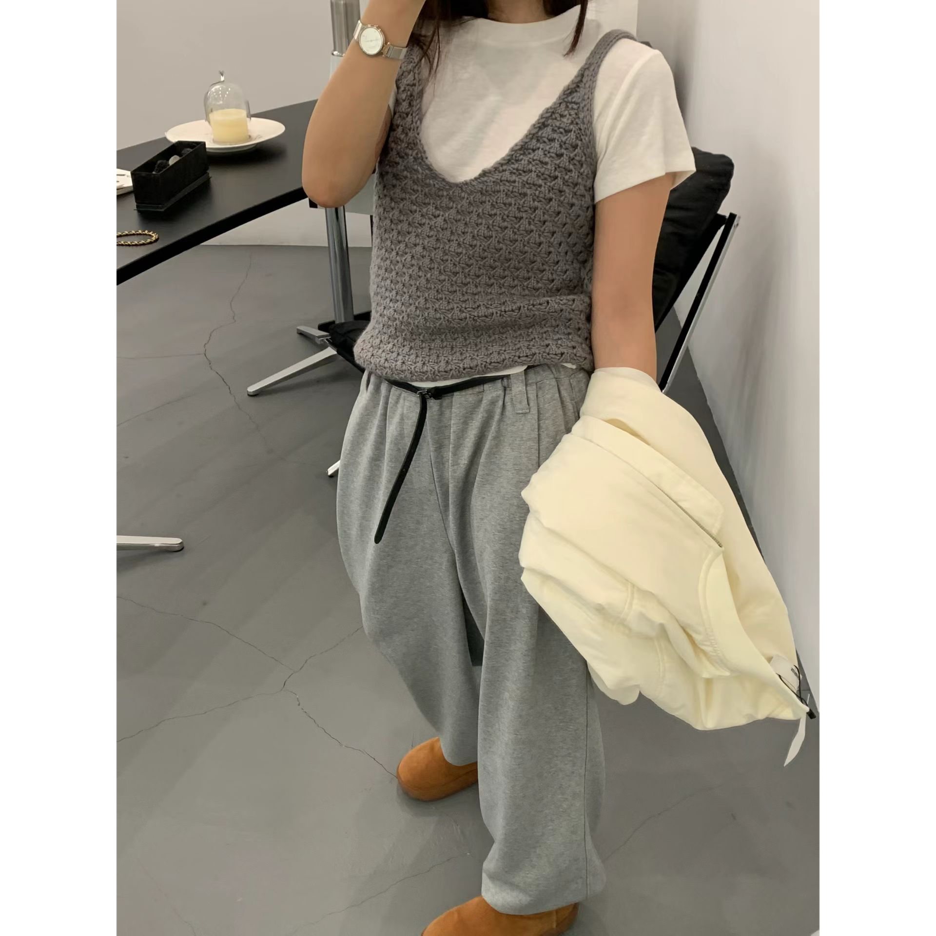 SEEU SEEU SEEU 菠萝针纯色针织吊带羊毛针织背心