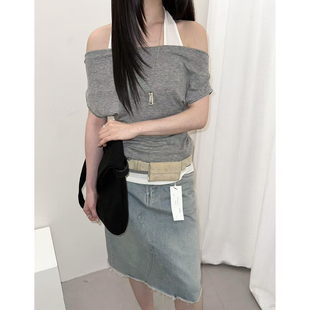 VIBRANT 温柔风抽褶挂脖设计感假两件小衫