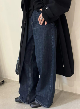 MOHHE 复古牛仔蓝磨绒蝴蝶结直筒裤（自留款）