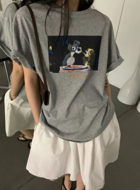 seeu seeu seeu 可爱小狗卡通图案短袖宽松圆领休闲T恤
