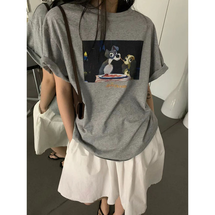 seeu seeu seeu 可爱小狗卡通图案短袖宽松圆领休闲T恤