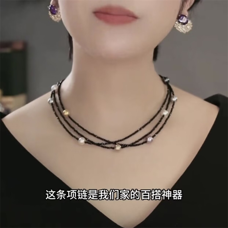 法式轻奢多层手工黑色串珠锁骨链