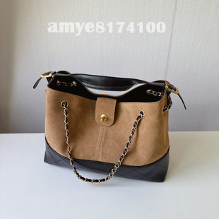 麂皮绒包包女小香风25A新款鹿皮购物袋拼色hobo托特包菱格链条包