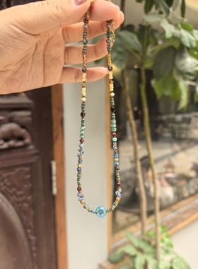 ANZHI原创手作项链复古风蓝色花朵彩色项链女百搭