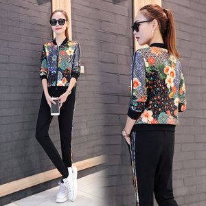 花色立领运动服套装春秋女时尚舒适休闲薄款棒球服短袖T恤三件套