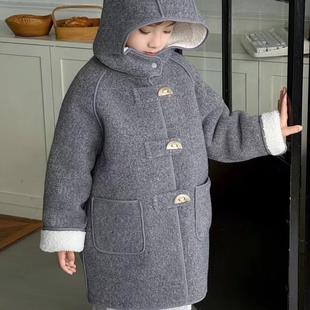 男童呢子大衣2025年冬季儿童宝宝加绒加厚毛呢中长款保暖连帽外套