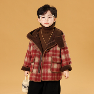 男童加绒外套2025新款冬季宝宝格子连帽毛呢大衣儿童保暖上衣冬装