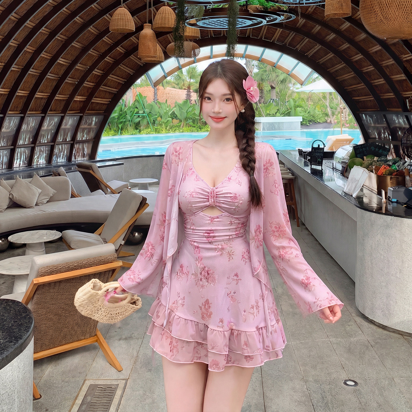粉色碎花裙式网纱长袖温泉泳衣女