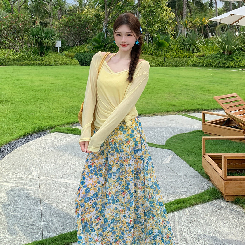 女四件套长袖网纱碎花温泉泳衣