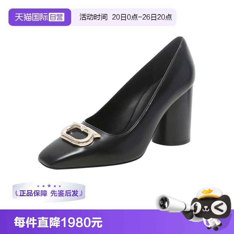 菲拉格慕扣饰粗跟高跟鞋皮鞋
