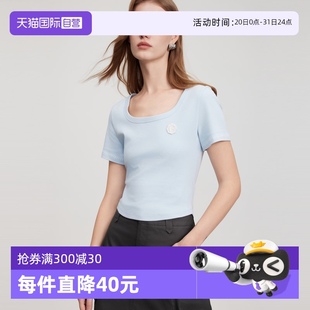 自营 方领正肩短袖 ELLE法式 纯棉小众T恤上衣 女2025夏新款 修身