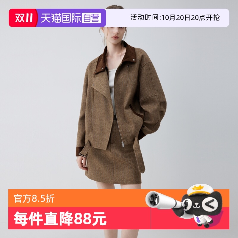 ELLE咖色灯芯绒廓形短外套