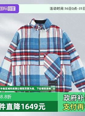 【自营】we 11 done男款经典翻领蓝色格纹羊毛宽松休闲夹克拉链