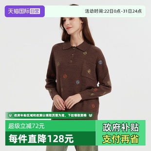 自营 棕色趣味图案刺绣毛衣 Petit 女 宽松 Bari复古翻领针织衫