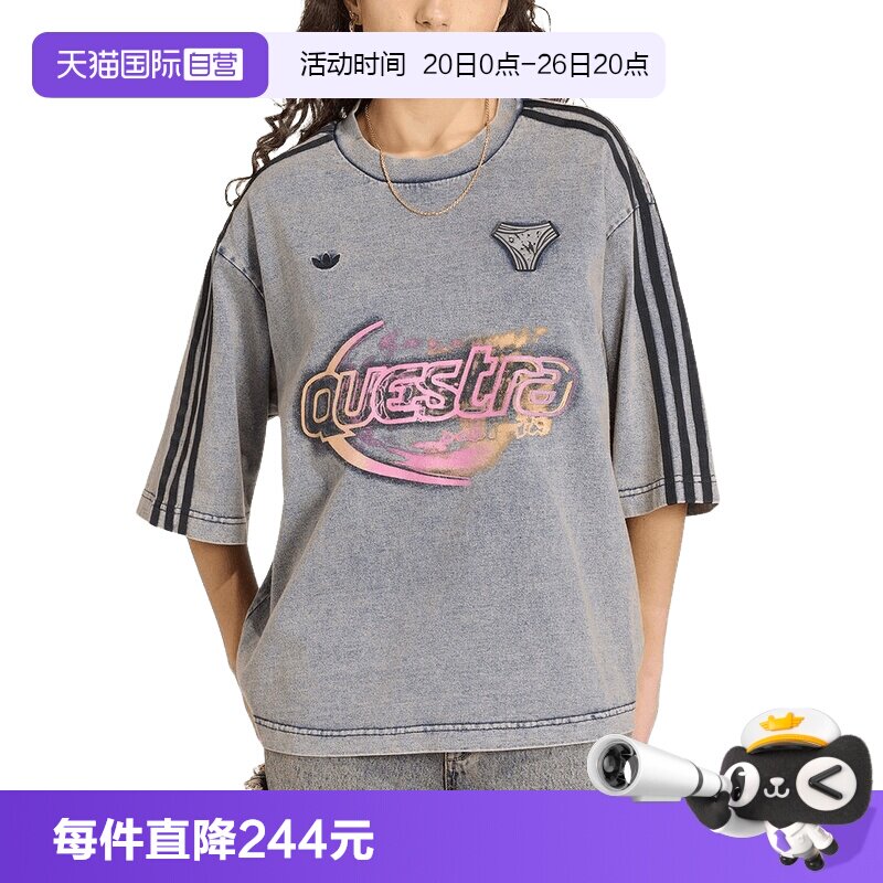【自营】adidas阿迪达斯三叶草牛仔布女子丝印图案短袖T恤KZ5012