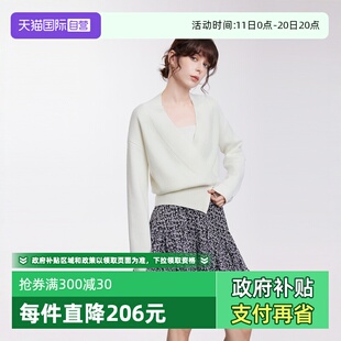 女2025春新款 ELLE白色绵羊毛设计感V领针织衫 休闲羊毛衫 自营