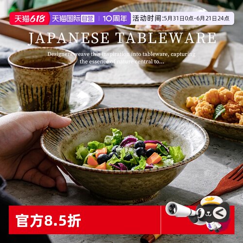 【自营】日本进口草帽碗复古陶瓷碗沙拉碗粗陶侘寂风餐具釉下盘子