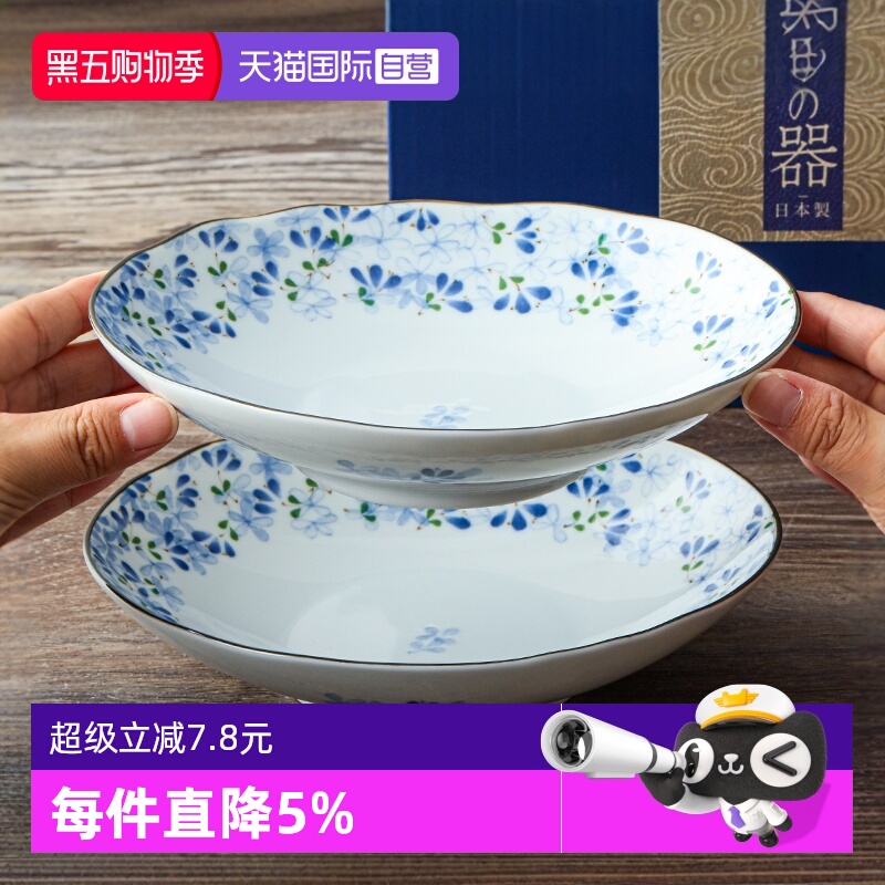 【自营】【2件套】日本进口美浓烧陶瓷菜盘釉下彩日式餐具椭圆盘