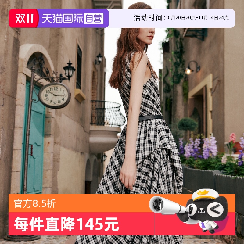 ELLE法式黑白格纹连衣裙