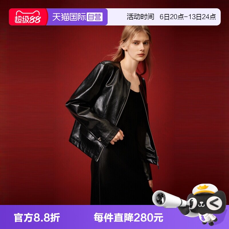 ELLE黑色短款气质皮外套图片