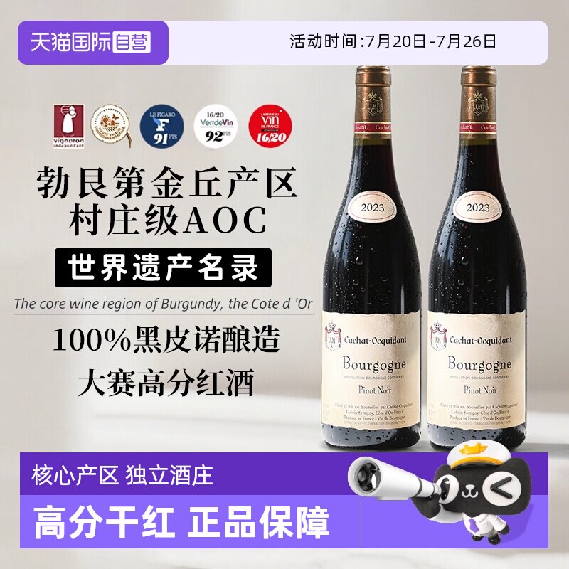 【自营】法国进口勃艮第金丘AOC黑皮诺干红葡萄酒正品红酒礼盒装