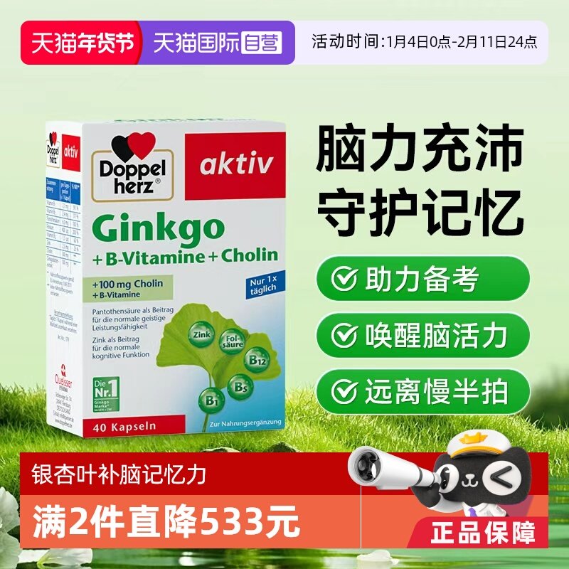 【自营】德国进口双心补片学生记忆力中老年脑银杏叶提取物胶囊*6