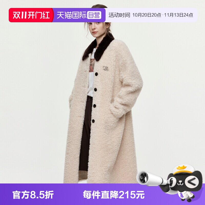 【自营】ELLE绵羊毛撞色长款毛绒外套女26冬仿羊羔毛休闲通勤上衣