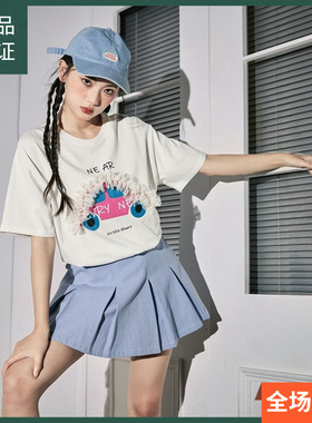 唐狮拼接圆领短袖T恤女2024新款白色chic韩版上衣女设计感小众sz