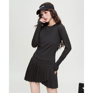 唐狮2026春秋女圆领短款长袖T恤百褶裙上下两件套小个子套装