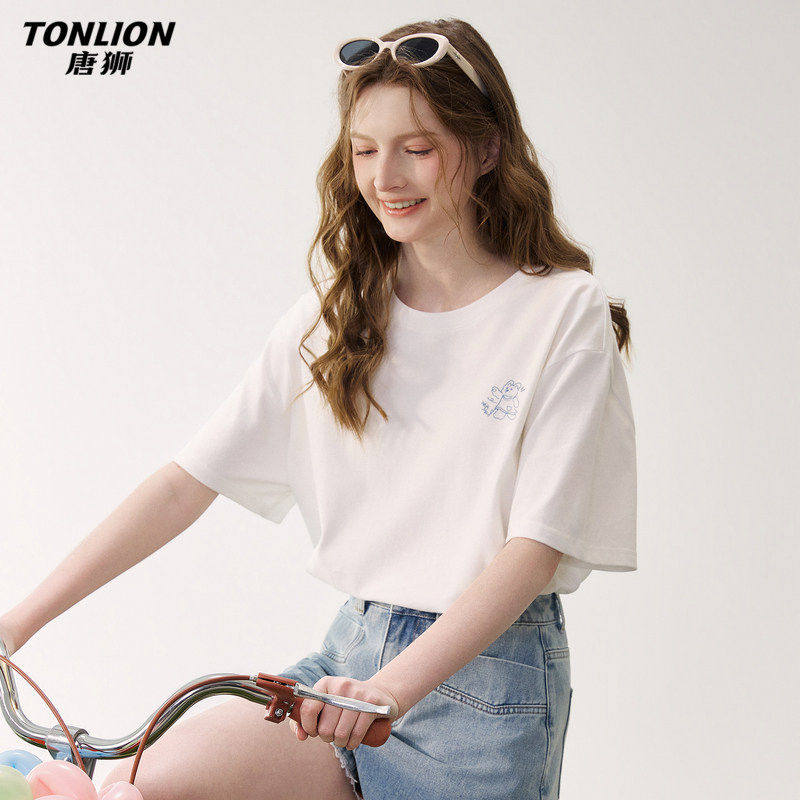 唐狮2026春夏季新款短袖T恤女图案印花宽松白色纯棉夏日小个子