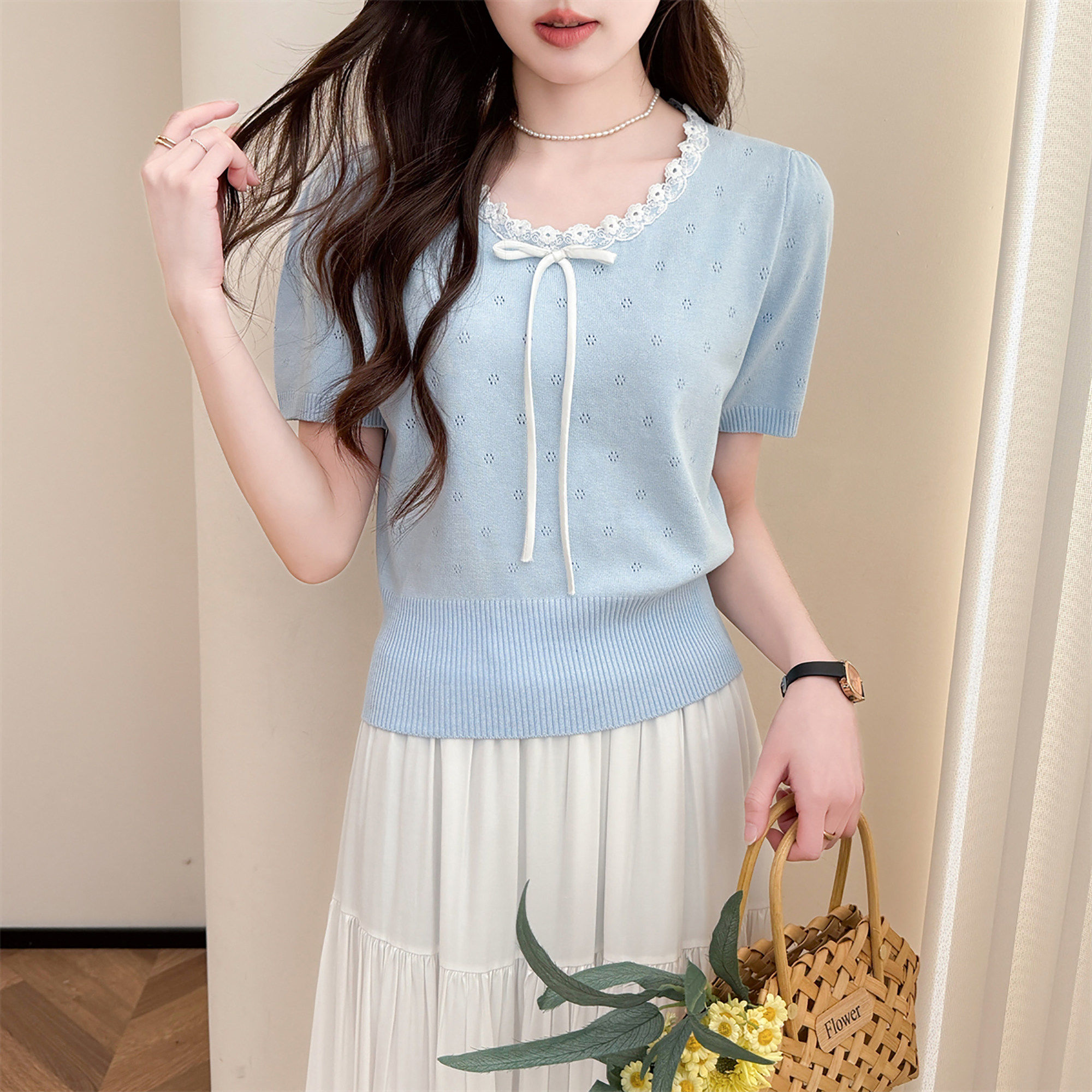 唐狮26夏季新款针织毛线衫短袖女简约风蕾丝边设计甜美时尚上衣Y