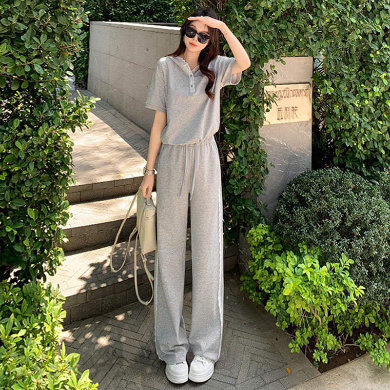 韩版时尚休闲运动套装女夏季新款蕾丝拼接连帽卫衣阔腿裤两件套潮