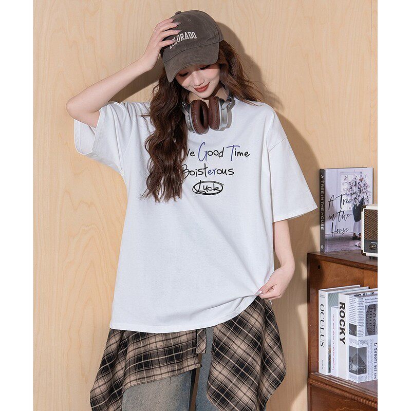 唐狮2026夏季新款短袖T恤女纯棉百搭半袖简约圆领慵懒风休闲上衣