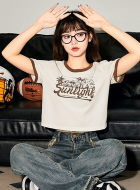 唐狮夏季撞色短袖T恤女2026新款美式甜辣小个子短上衣女设计感sz