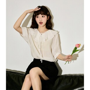 唐狮2026春夏新款短袖白色衬衫女娃娃领雪纺仙气上衣轻薄显瘦衬衣