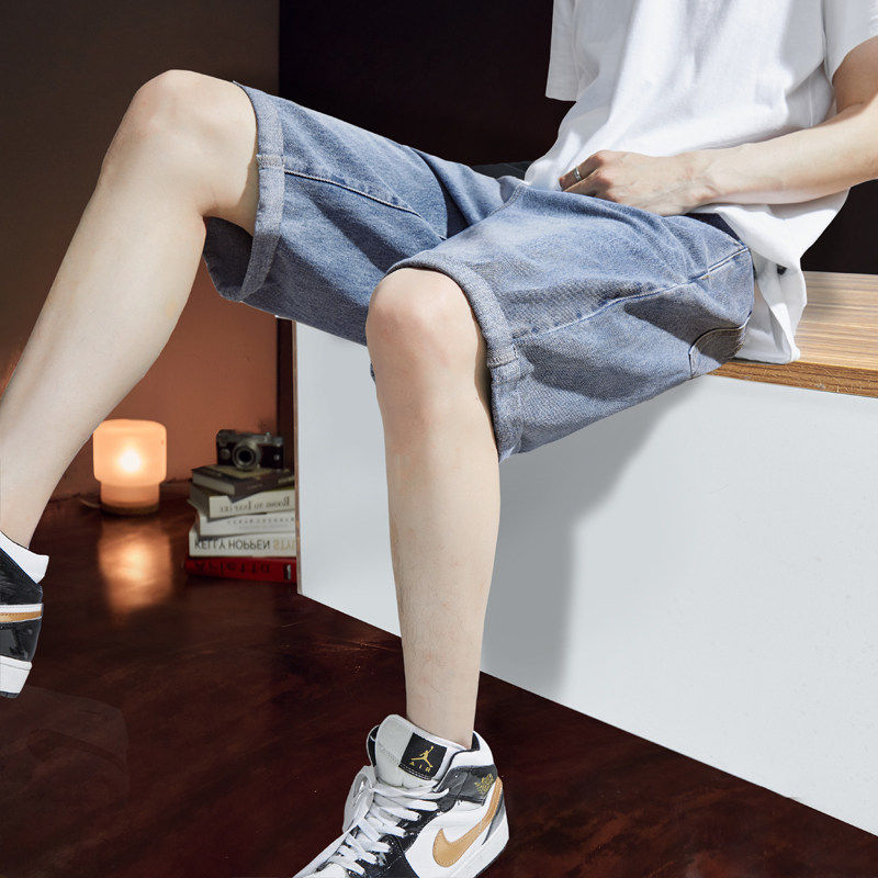 唐狮26夏季新款男士牛仔裤宽松直筒韩版潮流卷边短裤子浅色五分裤