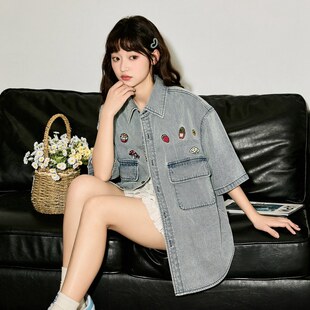 唐狮2026夏季新款短袖牛仔衬衫女刺绣美式复古外套休闲t恤外套女