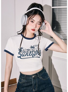 唐狮夏季撞色短袖T恤女特价新款紧身短款上衣女复古美式体恤sz