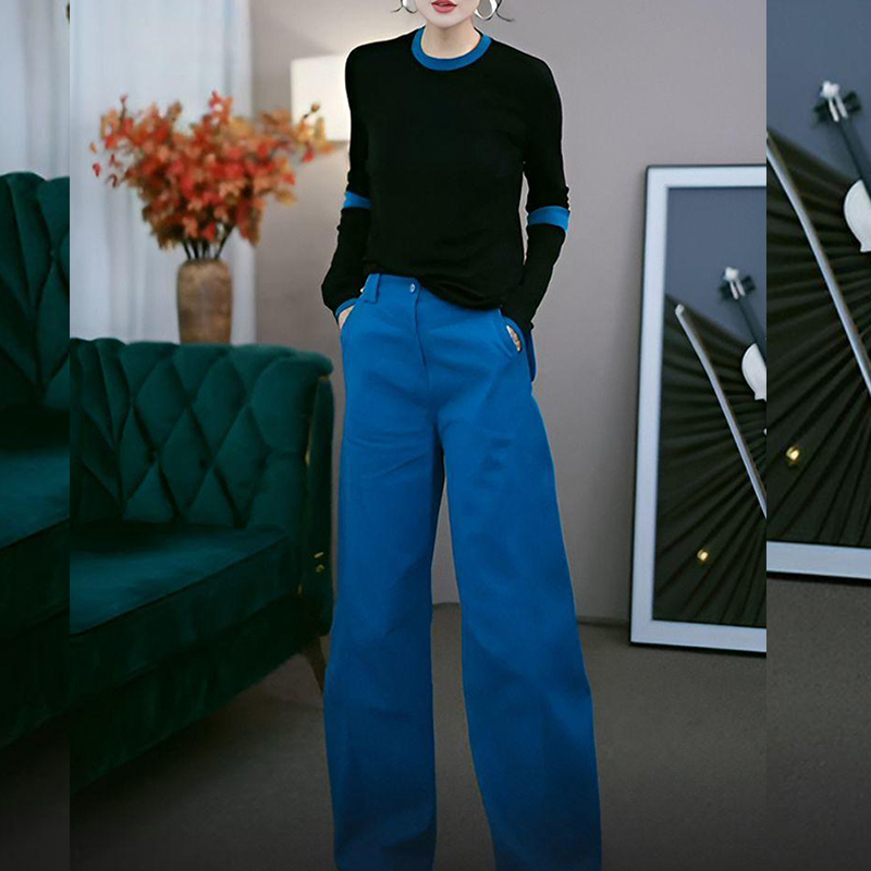 韩系撞色拼接上衣阔腿裤套装