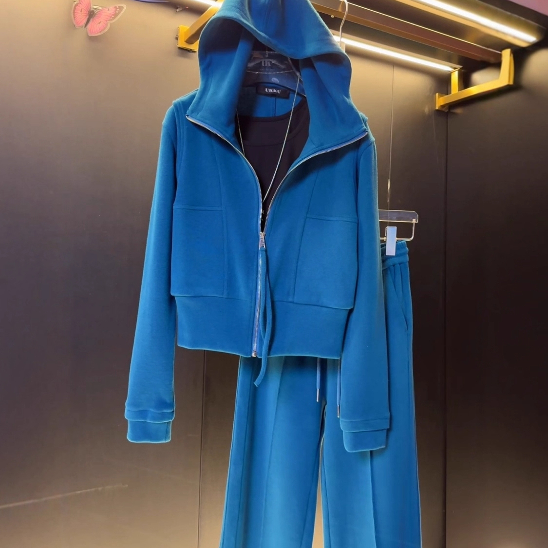 松弛感连帽卫衣套装女宽松时尚蓝色拉链开衫高级感运动休闲两件套