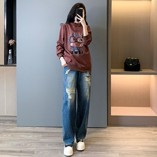 圆领印花卫衣破洞阔腿裤 街头牛仔风套装 时尚 新款 两件套潮 女春秋季