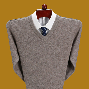 鄂尔多斯市产100%山羊绒衫V领冬装加厚麦穗肩大码男装中老羊毛衣