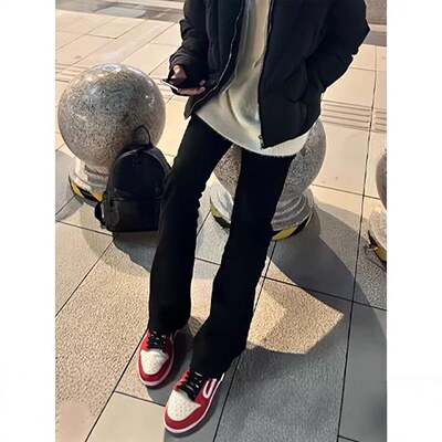 黑色弯刀牛仔裤男春夏季美式cleanfit窄版修身宽松直筒微喇长裤子