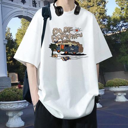 夏季新款印花短袖t恤男学生宽松百搭青少年情侣潮流ins休闲五分袖